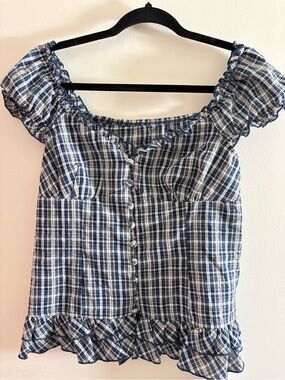 Cider Blue Plaid Ruffle Button-Front Blouse